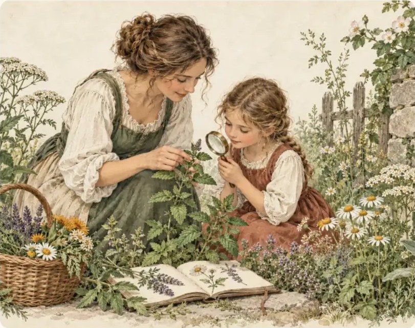 A mother and daughter examining herbs with a magnifying glass in a garden